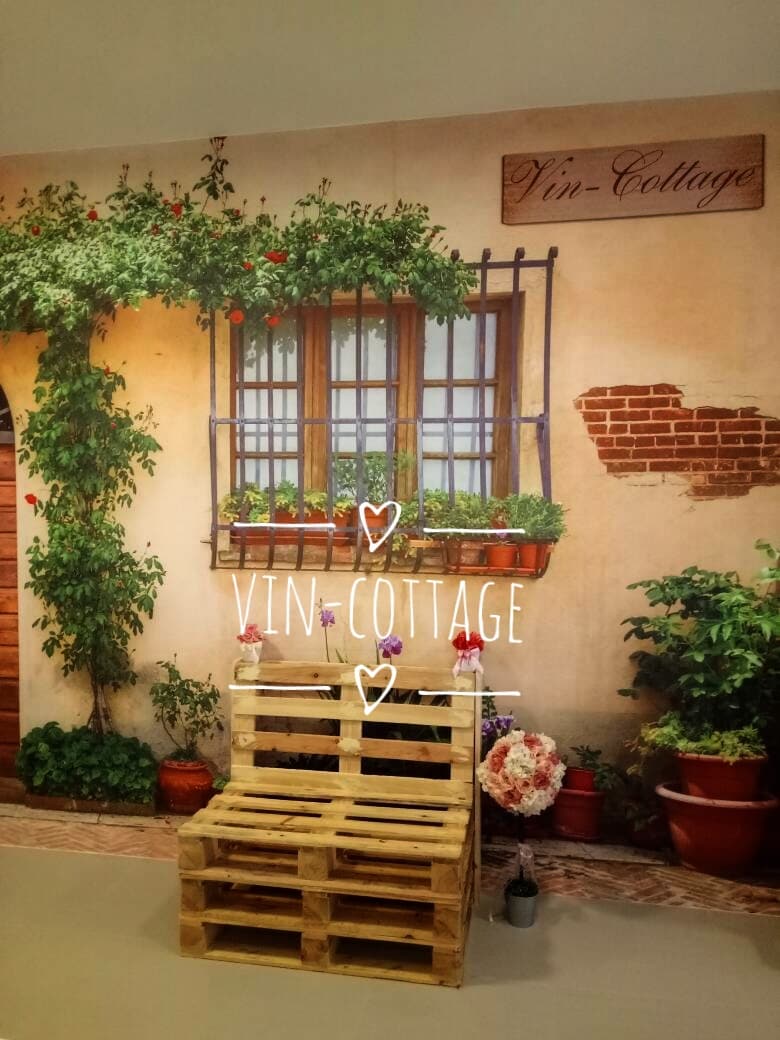 An inviting backdrop features a rustic window adorned with climbing plants and vibrant pots. A wooden pallet serves as a decorative display, complemented by floral arrangements. The scene embodies a charming cottage aesthetic, creating a cozy atmosphere suitable for photos.