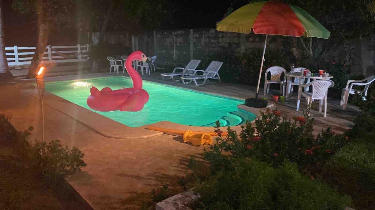 A private pool area features a vibrant pink inflatable flamingo floating in clear water. Surrounding the pool, several lounge chairs are positioned for relaxation. A colorful umbrella provides shade over a small table and chairs, creating a welcoming space for gatherings.