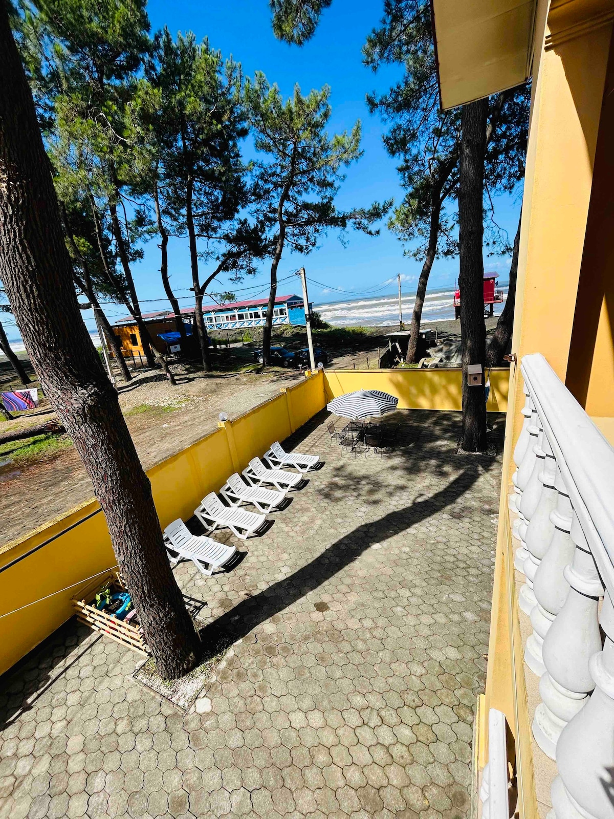 A sunlit outdoor area is surrounded by tall pine trees, showcasing several lounge chairs arranged on a patterned stone floor. The ocean is visible in the background, complemented by a shaded dining space featuring an umbrella.