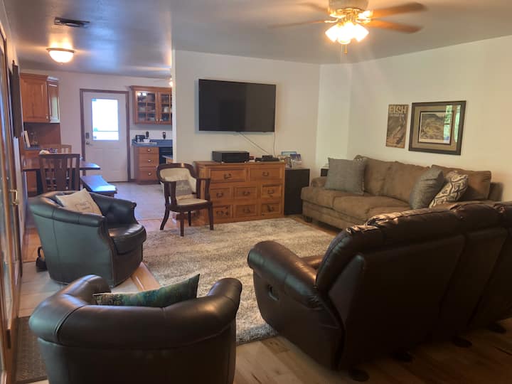 The Lodge livingroom has a beautiful view of the White River.