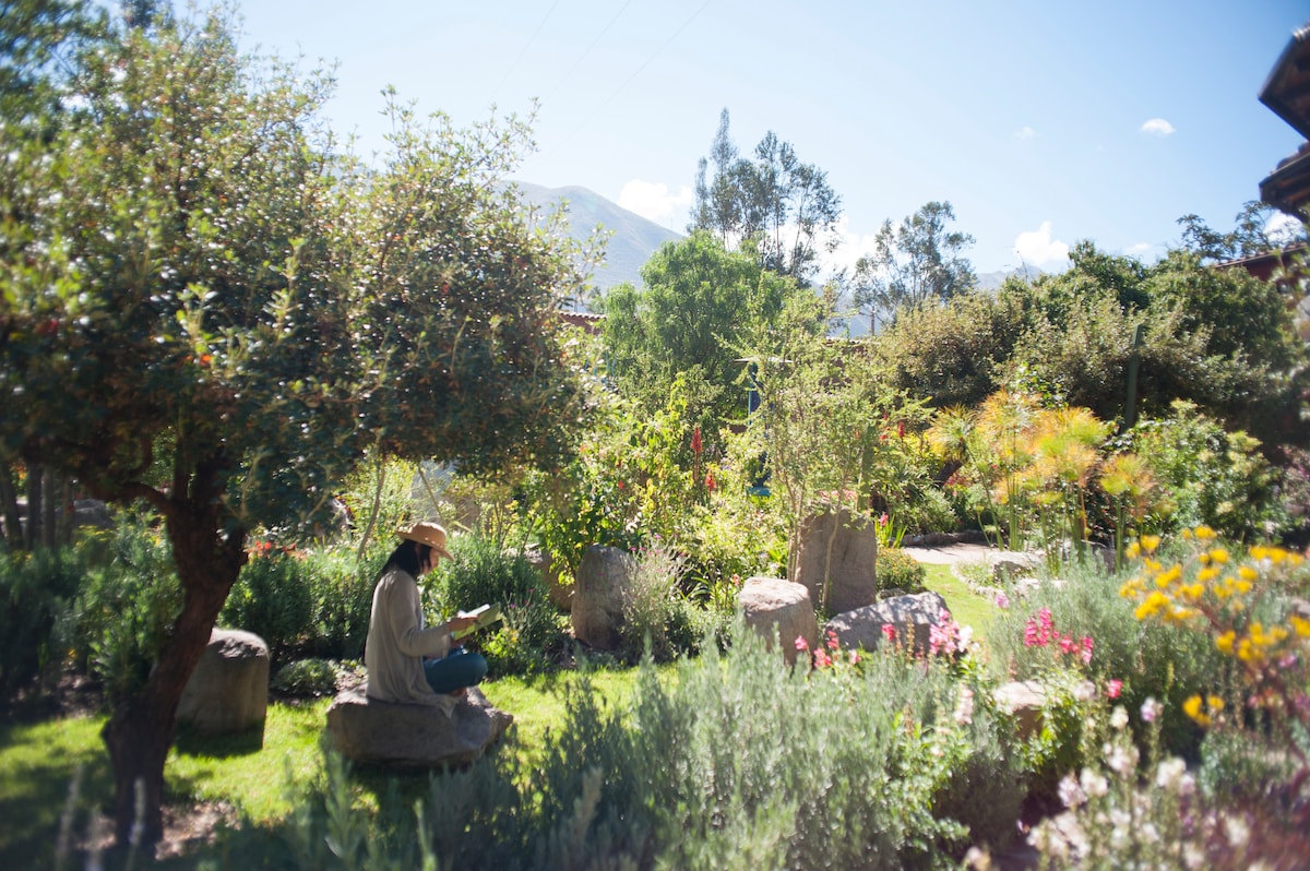 A vibrant garden is seen, featuring diverse greenery and colorful flowers. A person is seated on a stone amidst the plants, with sunlight filtering through the trees and illuminating the area. The backdrop showcases rolling mountains under a clear blue sky.