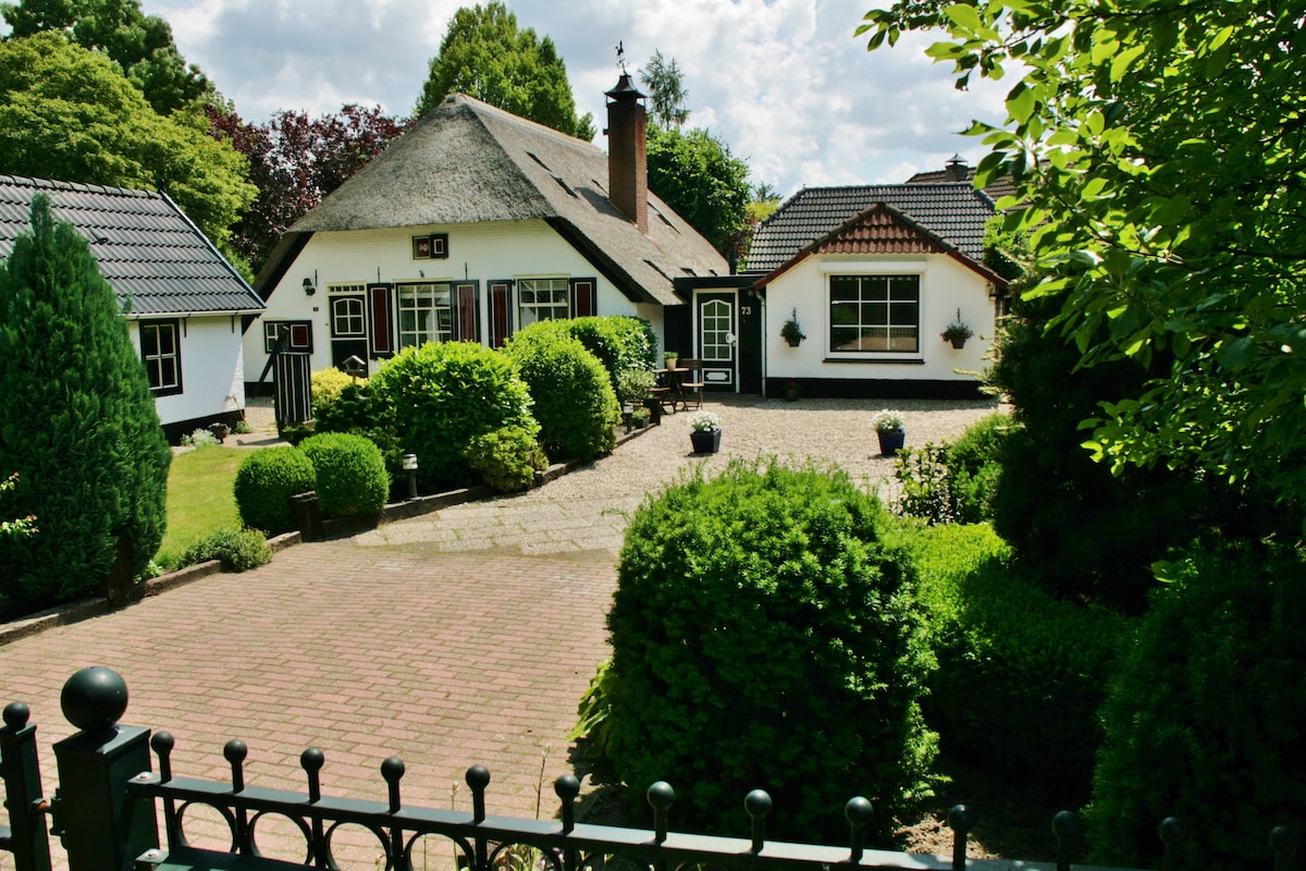 A charming exterior view of the holiday home is showcased, featuring a thatched roof and well-manicured gardens. A cobblestone pathway leads to the entrance, surrounded by neatly trimmed hedges and blooming plants. Sunlight filters through the trees, creating a peaceful, inviting atmosphere.