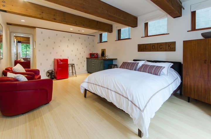 Guest suite with ensuite bathroom and fireplace.