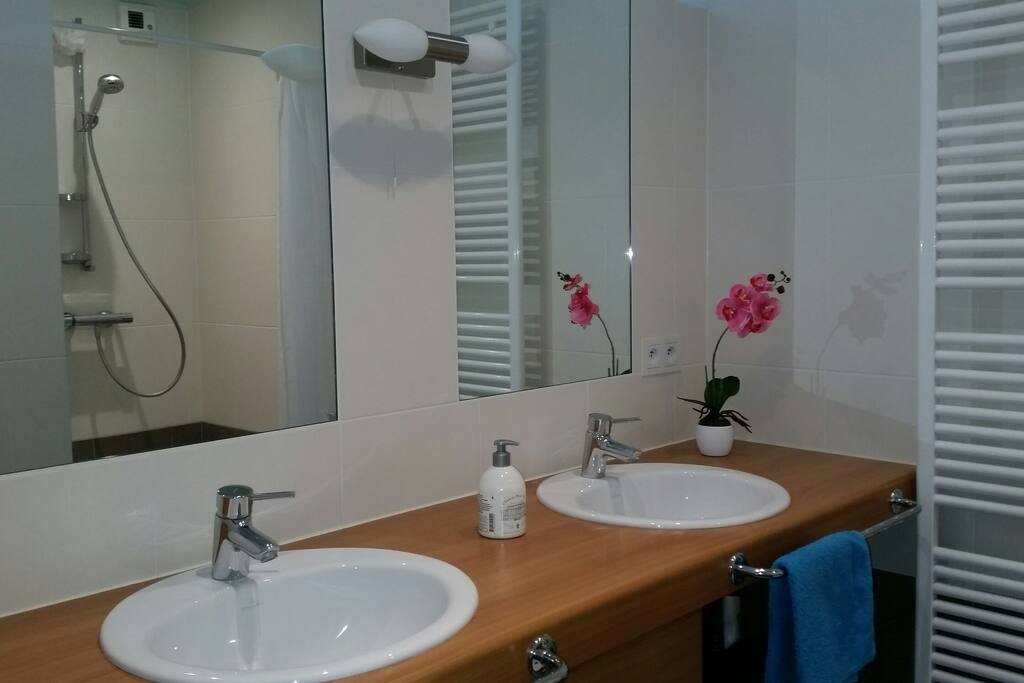 Bathroom with shower. Hand soap, shower gel, shampoo, föhn, serviettes. First aid box. Bathroom is also lockable