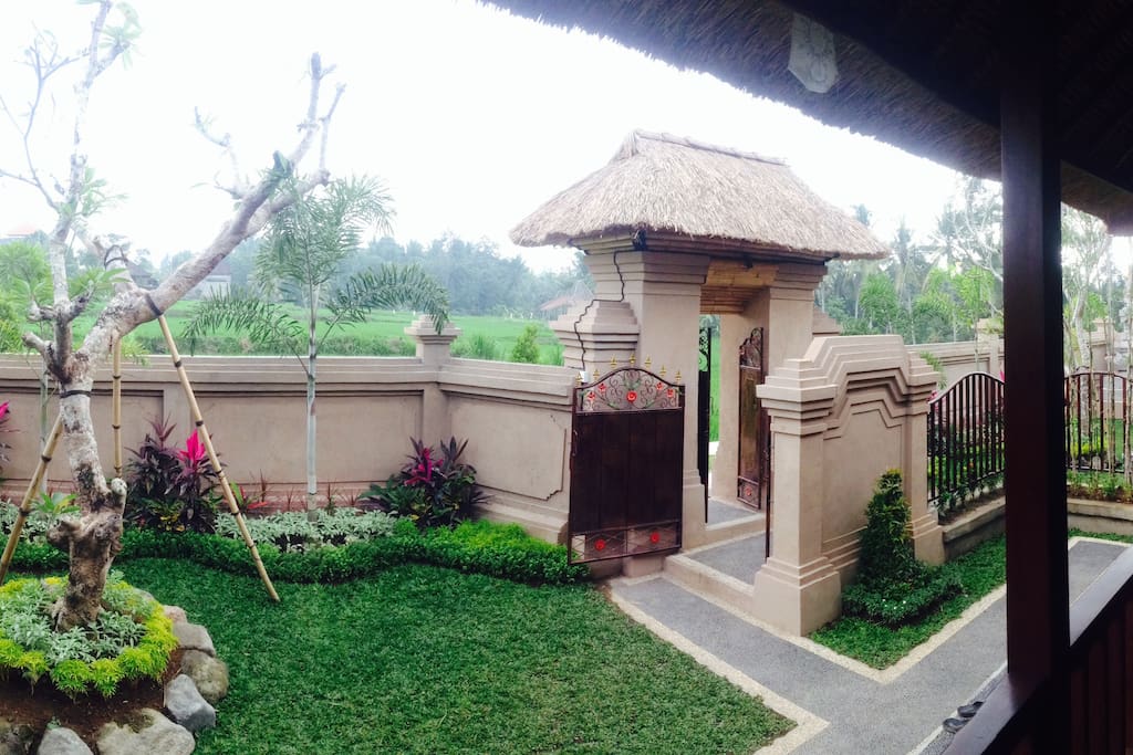 View of garden and rice fields from the porch