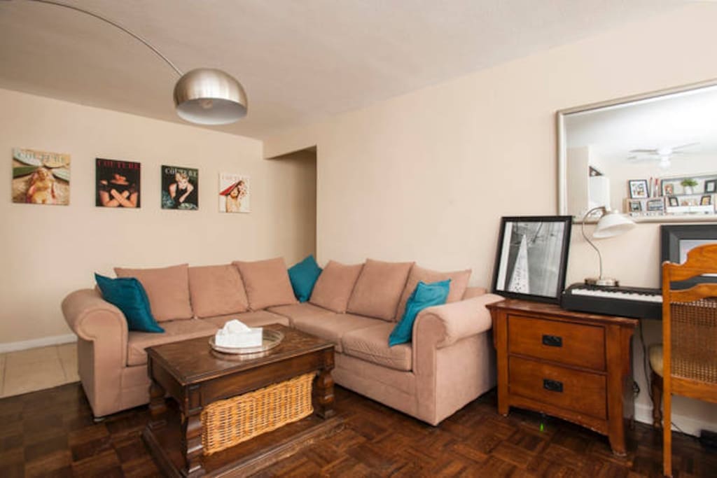Comfortable living area with sectional sofa.