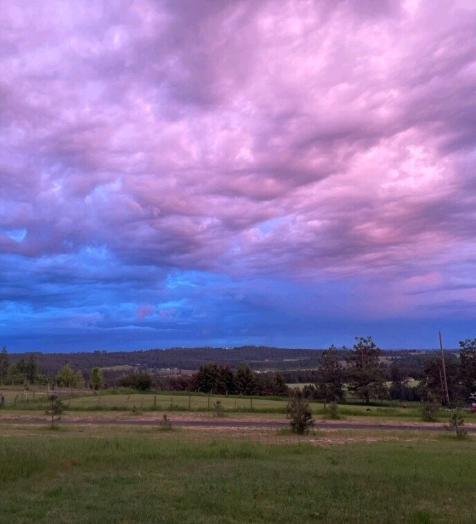 An expansive sky showcases a blend of pink and blue clouds at dusk. The horizon features rolling hills and scattered trees, while the foreground displays a grassy area leading to the distant landscape. The overall scene exudes a sense of tranquility in nature.