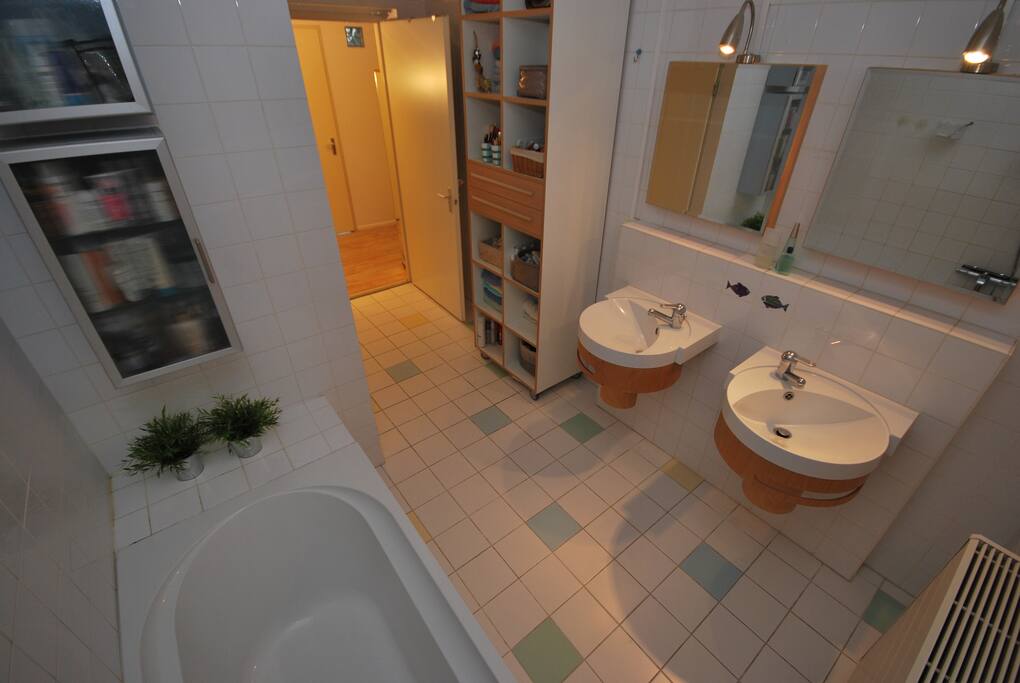 Dubbele wastafel en bad/douche, apart toilet