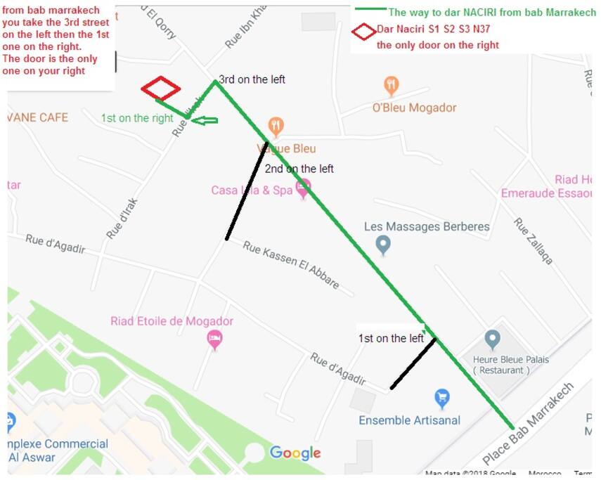 Access plan to Dar NACIRI. from Place Bab Marrakech, you take the 3rd street on the left then the 1st one on the right. Our door is the only one on the right.