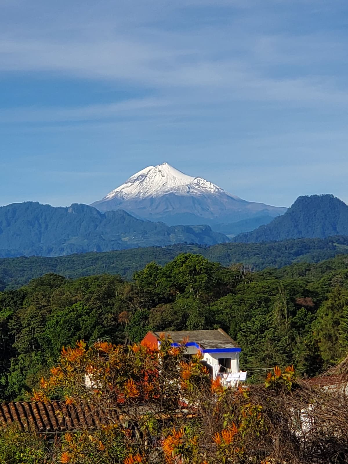 A scenic view of Pico de Orizaba dominates the background, covered with snow. Below, lush green trees create a vibrant foreground, while a colorful building with bright orange and blue accents is visible amidst the greenery.