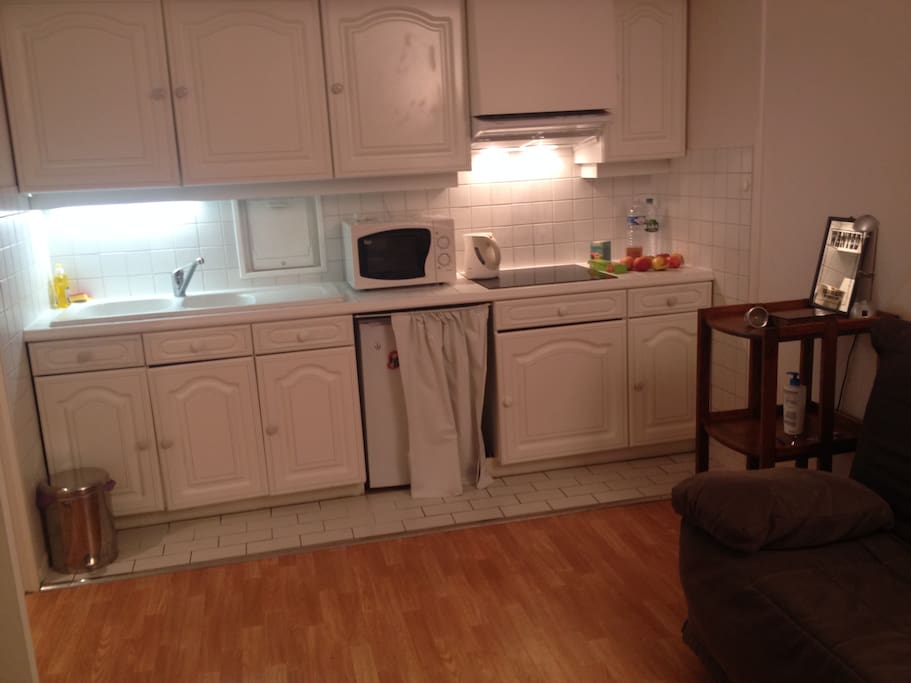 Kitchen with all equipments : Microwave, oven (recently not on the picture), fridge, all ustensils available.