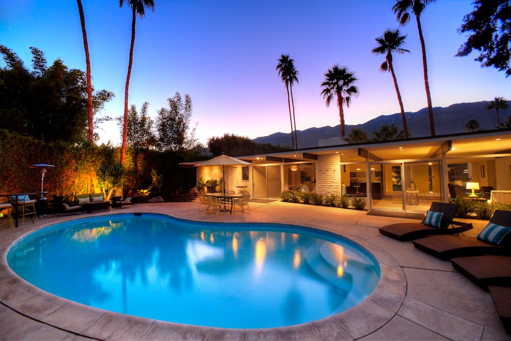 The Wexler House Patio Exterior with moonlit pool.