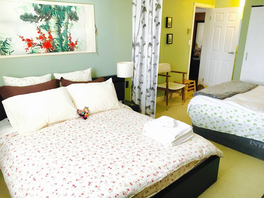 Cozy, private guest room, featuring optional Queen Aerobed with memory foam topper. Perfect for extra family or friends.