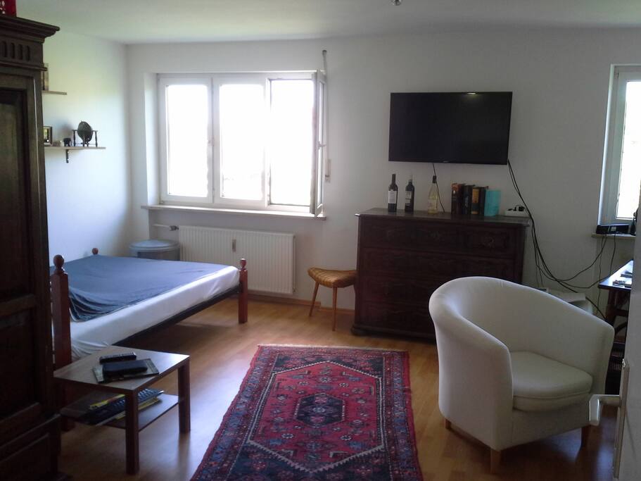 left side view (from the entrance): bed, wardrobe, moveable flatscreen