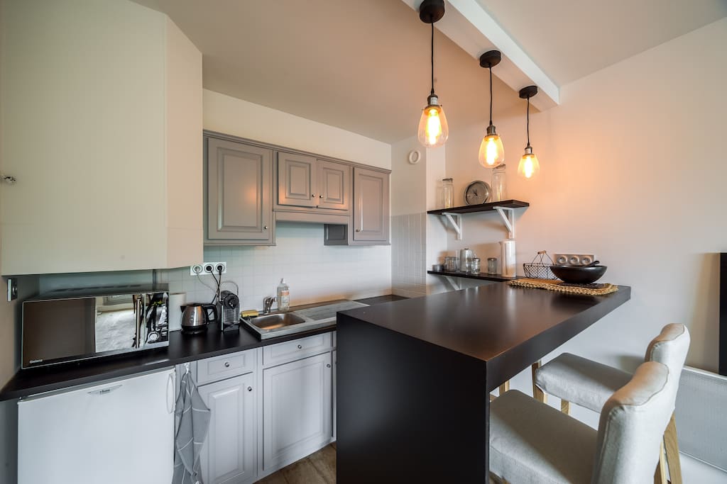 Kitchenette, avec frigo, four, plaque induction, cafetière, grille pain etc