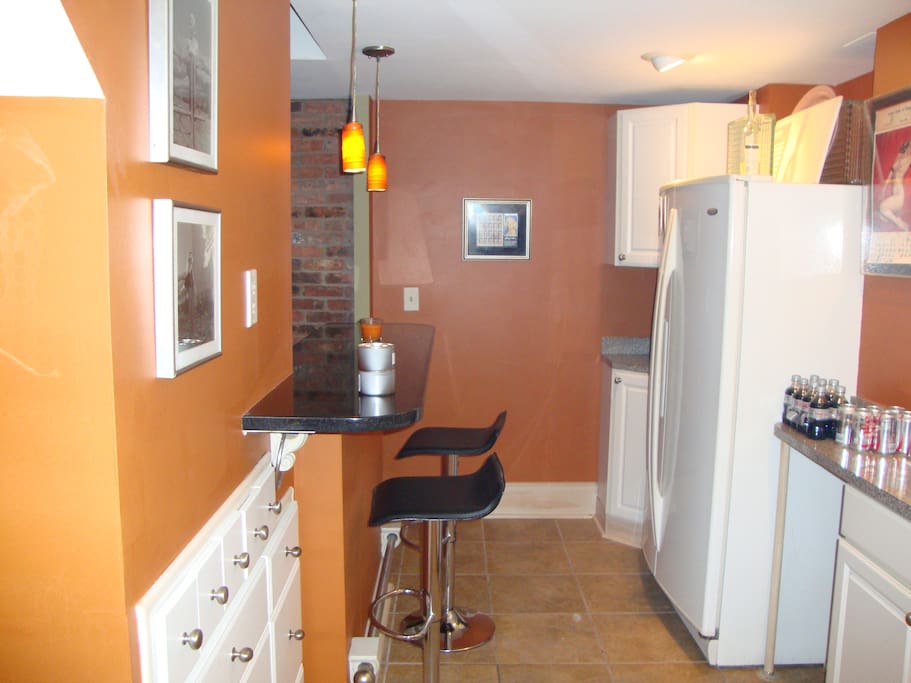 kitchen, and counter looking into main room