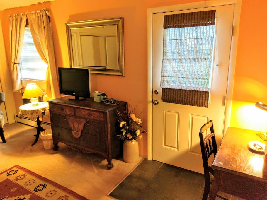 dresser, desk and door to courtyard & Chillaxatron 5000!