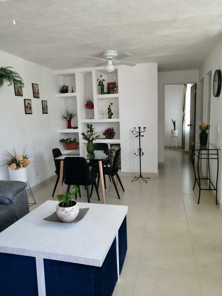 A cozy living area showcases a gray sofa and a white coffee table. A dining set with black chairs and potted plants creates a welcoming space. Wall-mounted shelves display decorative plants and framed images, adding character to the open layout. Neutral-colored walls and tiled flooring enhance the surroundings.