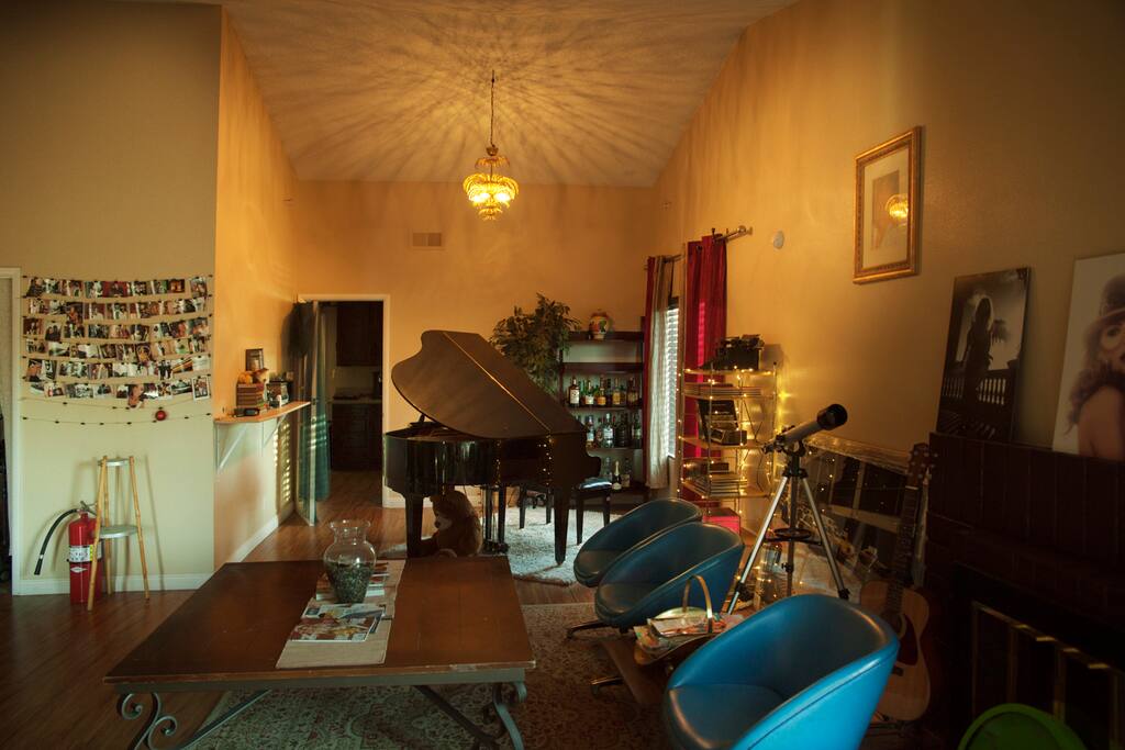 Living Room - Dining and Work areas, Piano and Fireplace