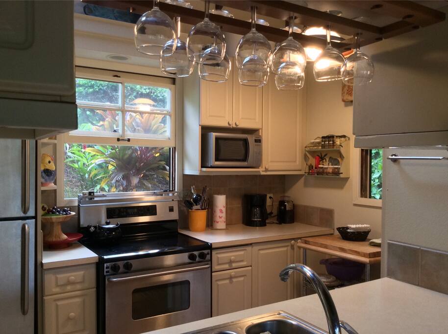 Updated kitchen equipped with necessary ingredients to cook a good meal!