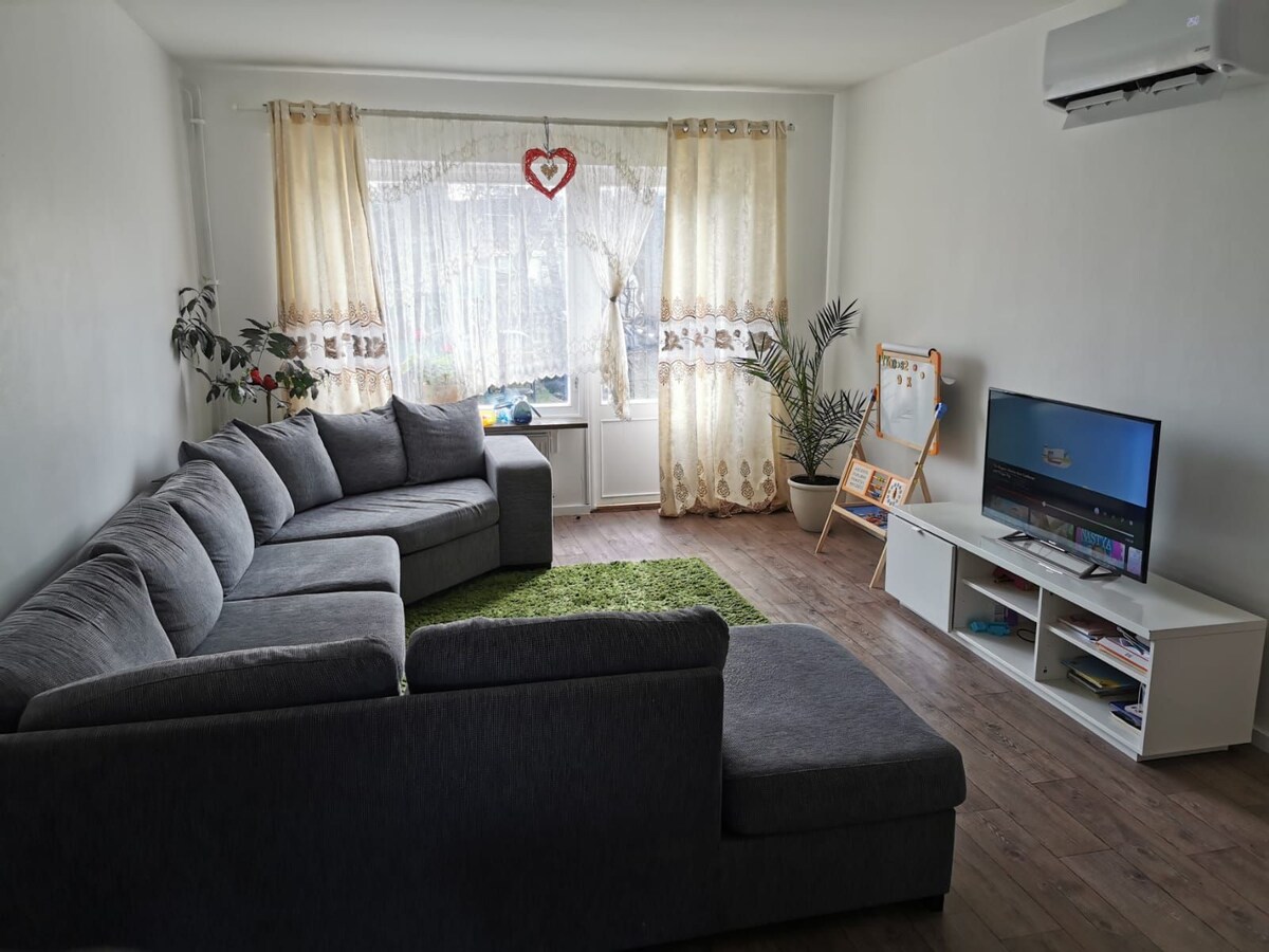 A light-filled living area features a spacious gray sectional sofa arranged around a green area rug. A television is positioned on a white entertainment unit against the wall, while a small writing board stands nearby. Sheer curtains frame the window, allowing soft natural light to filter in.