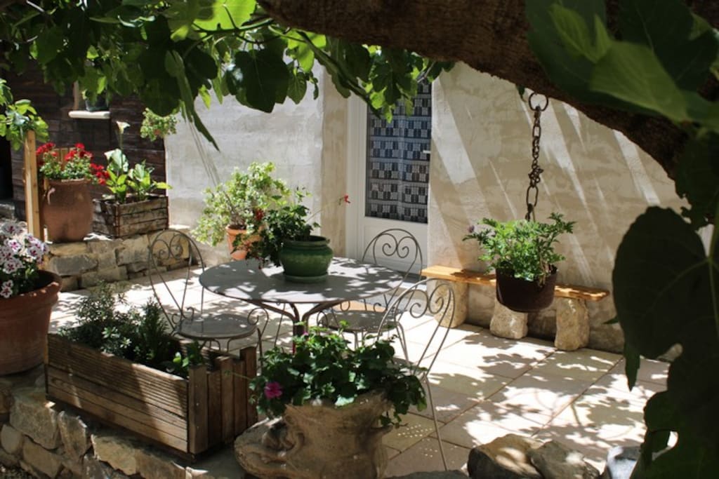 La terrasse privée à l'ombre du figuier centenaire.