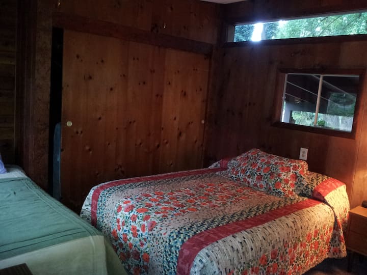 Bedroom 2 - Warm wood walls make this room easy to relax in.  Outfitted with a queen bed with a Sealy pillow top mattress, nightstand, lamp, and dresser