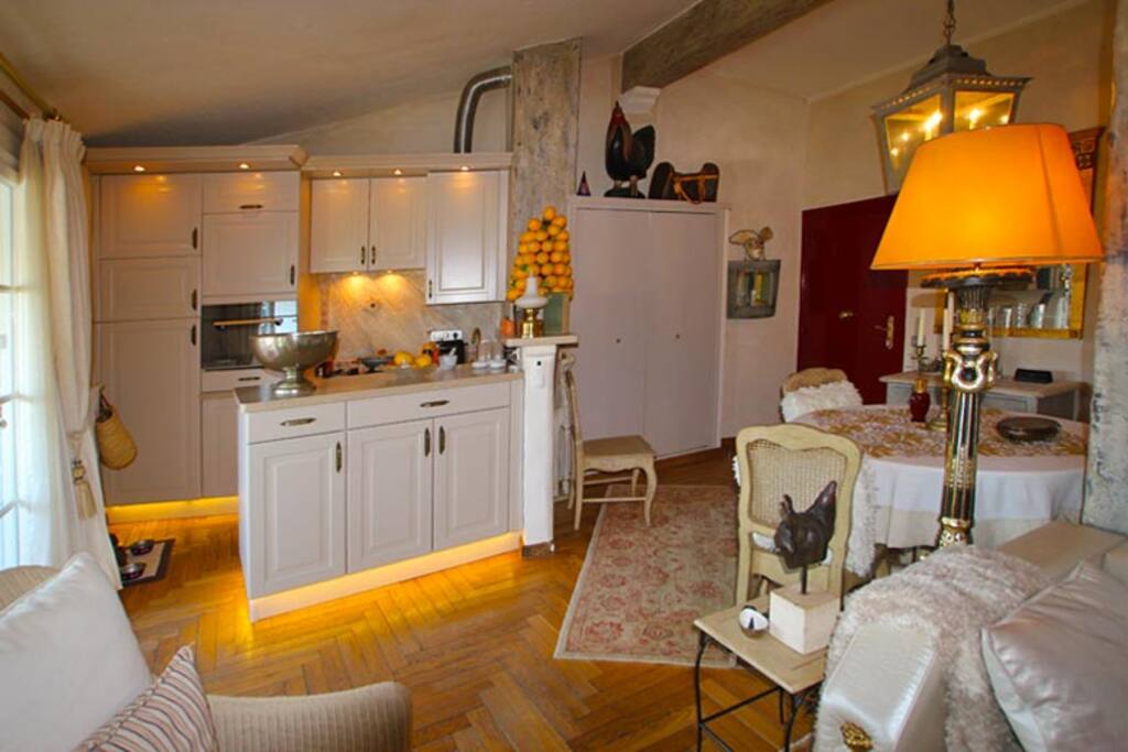 cuisine équipée avec frigo congélateur , lave vaisselle , lave linge séchant , four combiné micro onde , machine nespresso , plaque gaz .