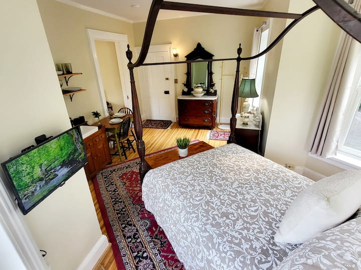 إطلالة من الجزء الخلفي من السرير المظلي في جناح Jarboe، مع تلفزيون 24بوصة على قوس مفصلي