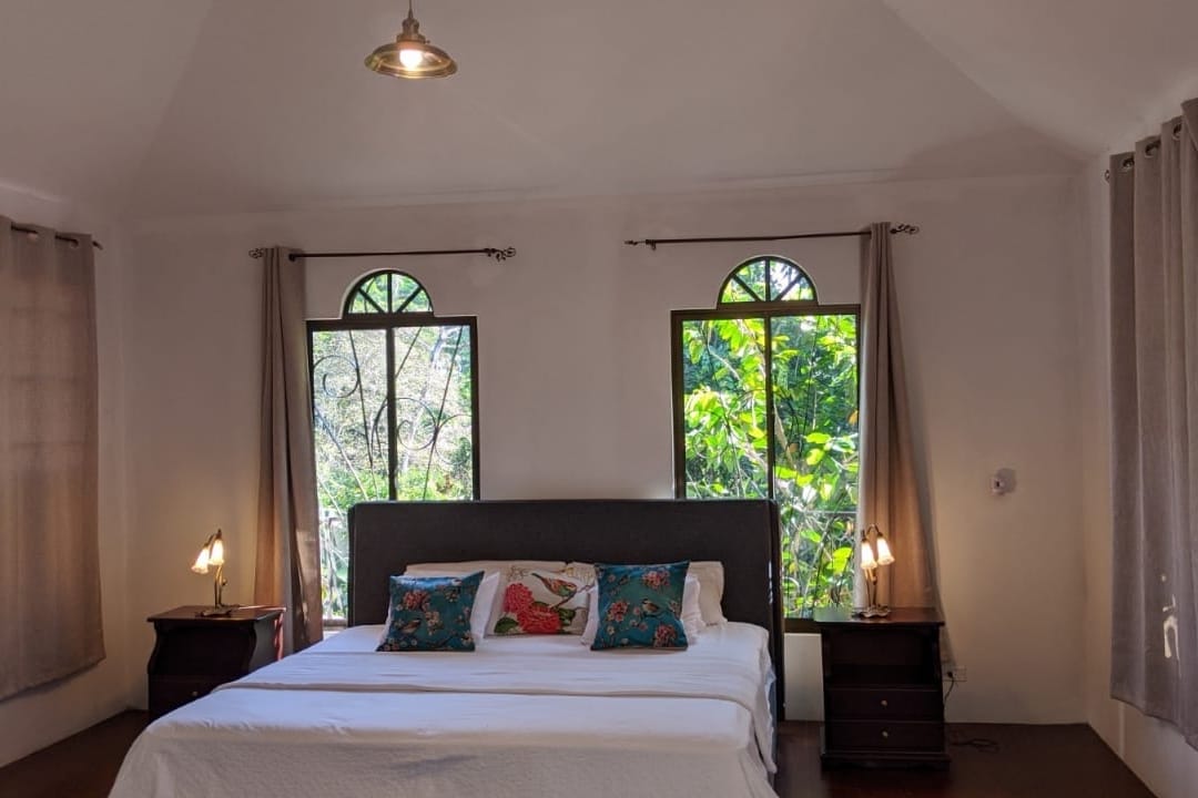 Master bedroom with king size bed. Access to 2 balconies overlooking a stream, many birds and tall rainforest trees.
The toucans come to the window to see their reflection.
