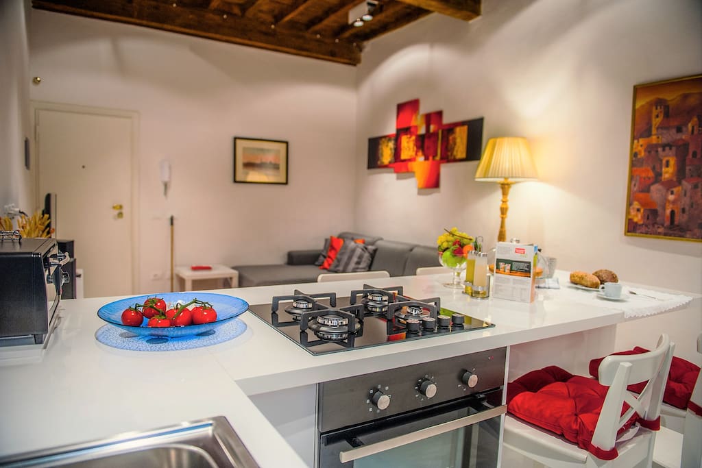In this open space you can find a single sofa bed with a big real matress large 120 cm. Our kitchen is equipped with fridge, freezer, oven, microwave, stove, nespresso machine, cooking utensils,dishes, glasses and cutlery