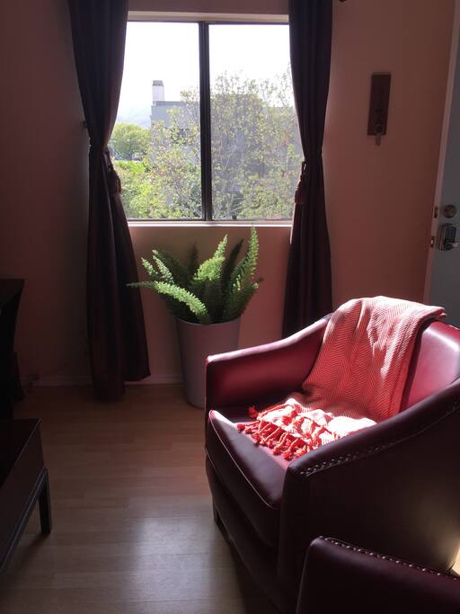 Living room, park and mountain view