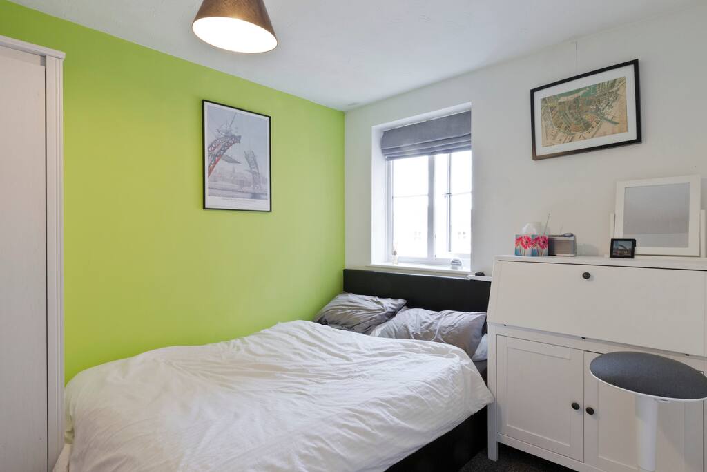 Your bedroom 'the Green Room' with double bed, wardrobe, mirror and drawers to unpack, hairdryer available on request.