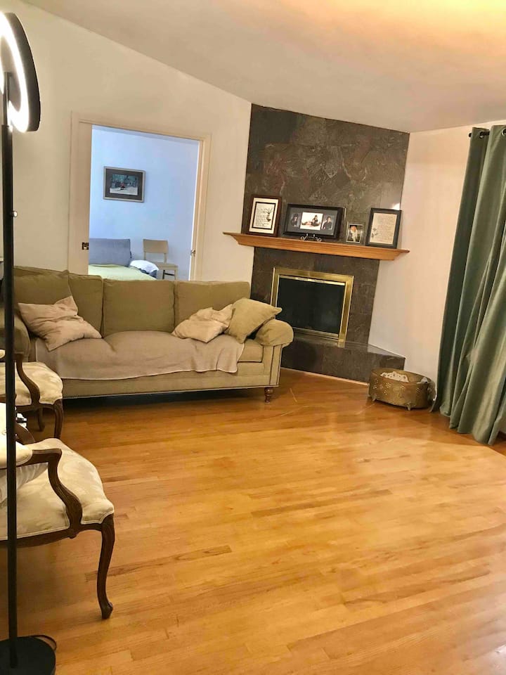 Dhomë ndenjjeje me vend zjarri graniti dhe dritare të madhe me pamje nga oborri i pasmë për t 'u çlodhur.