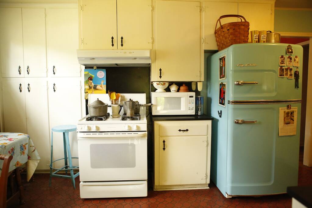 gas stove, retro fridge, dishwasher