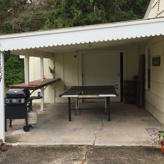 Covered ping pong area with outdoor bar space and gas grill