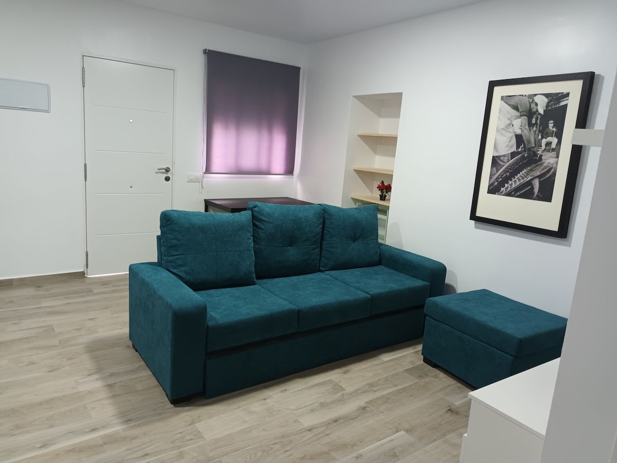 A contemporary living area features a teal sofa with a chaise lounge, positioned against a light wall. Natural light enters through a partially illuminated window with light curtains, while a framed art piece and shelving add functional decor to the space.