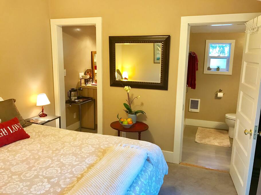 Kitchenette to the left, bathroom to the right.