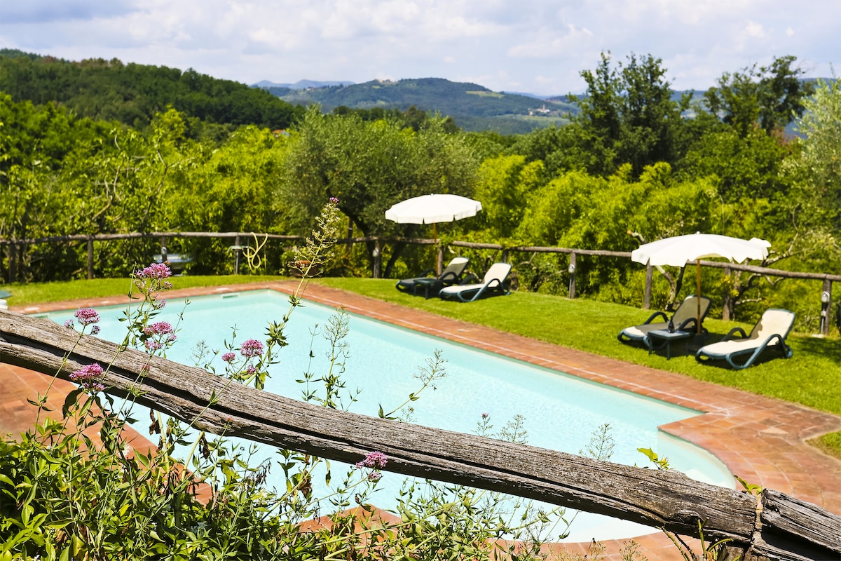 A shared swimming pool is framed by lush greenery, with comfortable lounge chairs positioned under sun umbrellas. The scenic hills in the background add depth to the tranquil setting, perfect for relaxation. Colorful flowers border the pool area, enhancing the natural beauty.