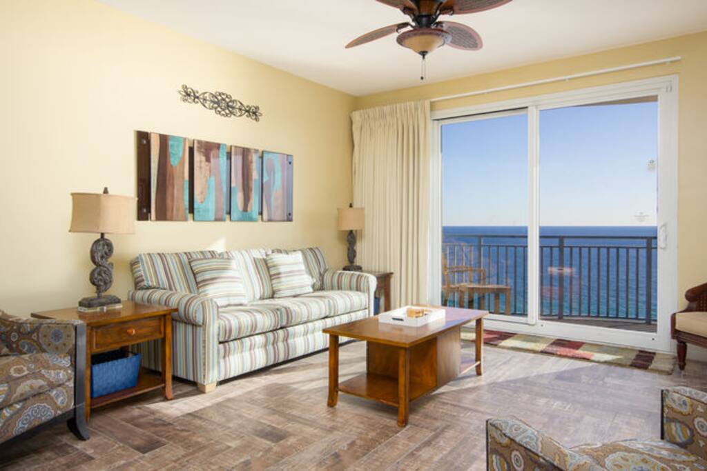 Living area features a Queen sofa sleeper and flat screen HDTV for family viewing