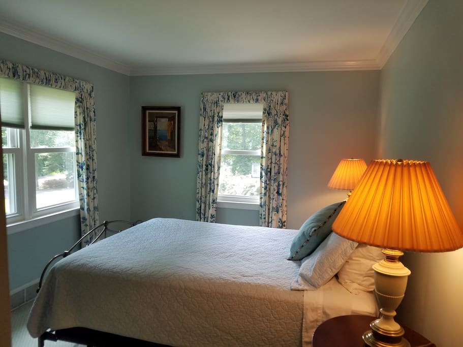 Guest bedroom with queen bed, double closet, dresser and TV