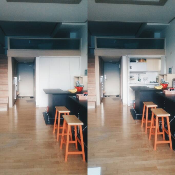 Kitchen closes off completely.