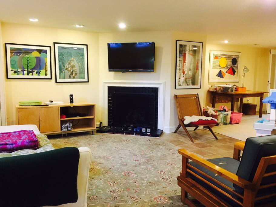 Living room with TV and fireplace.