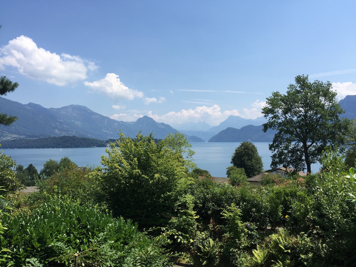 A scenic view reveals serene waters surrounded by lush greenery, with mountains rising in the distance. Fluffy clouds float in a clear blue sky, enhancing the tranquil atmosphere of the landscape.
