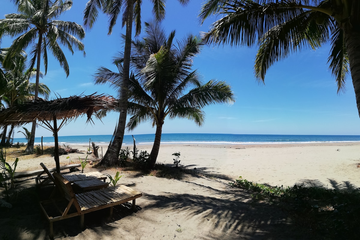A sandy beach scene features swaying palm trees and a straw-roofed shelter providing shade. A wooden lounge chair offers a relaxing spot facing the ocean, with gentle waves visible in the distance under a clear blue sky.
