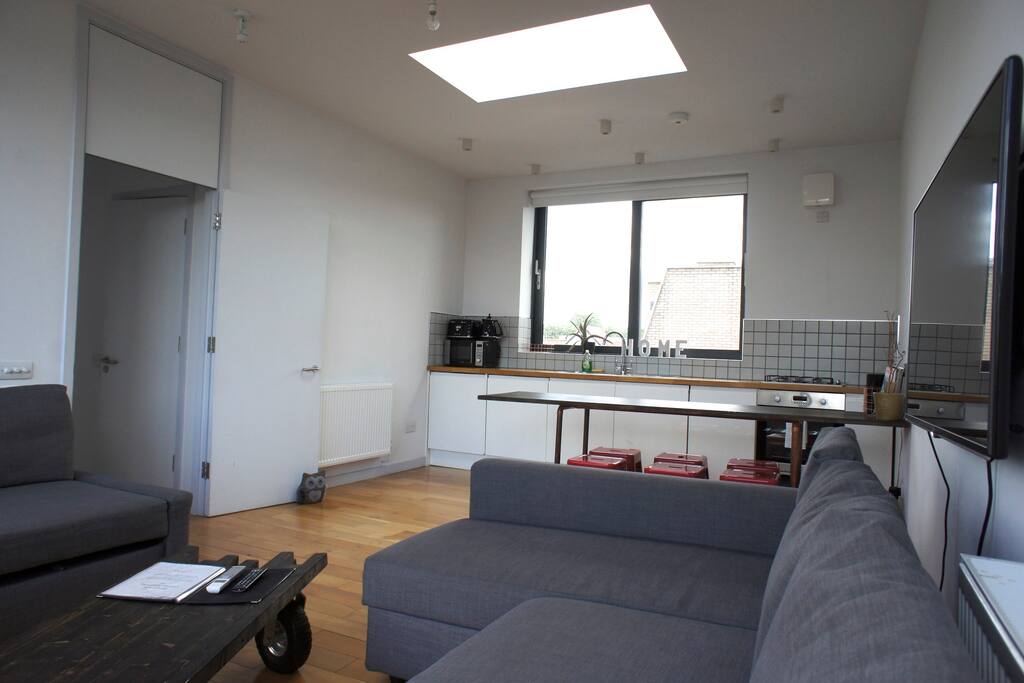 Here's your living room and kitchen area