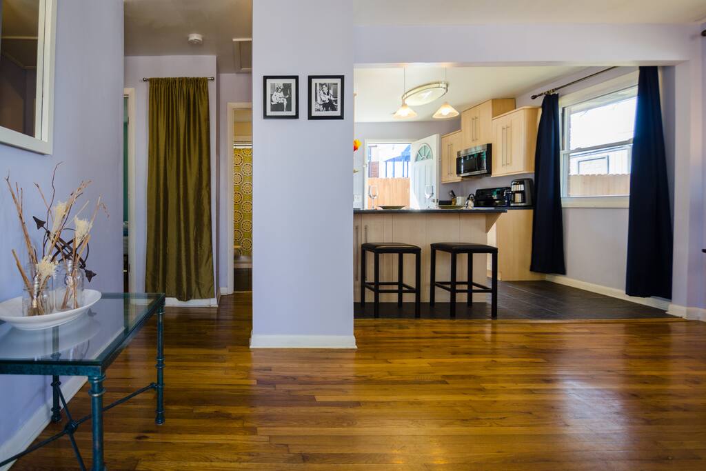 Open kitchen and living room plan, with futon for additional sleeping space.