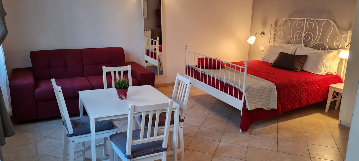 The open space features a spacious bed with a red coverlet and two bedside lamps, accompanied by a cozy red sofa. A white dining table with four chairs sits nearby, while a mirror reflects the light, enhancing the airy ambiance of the apartment.