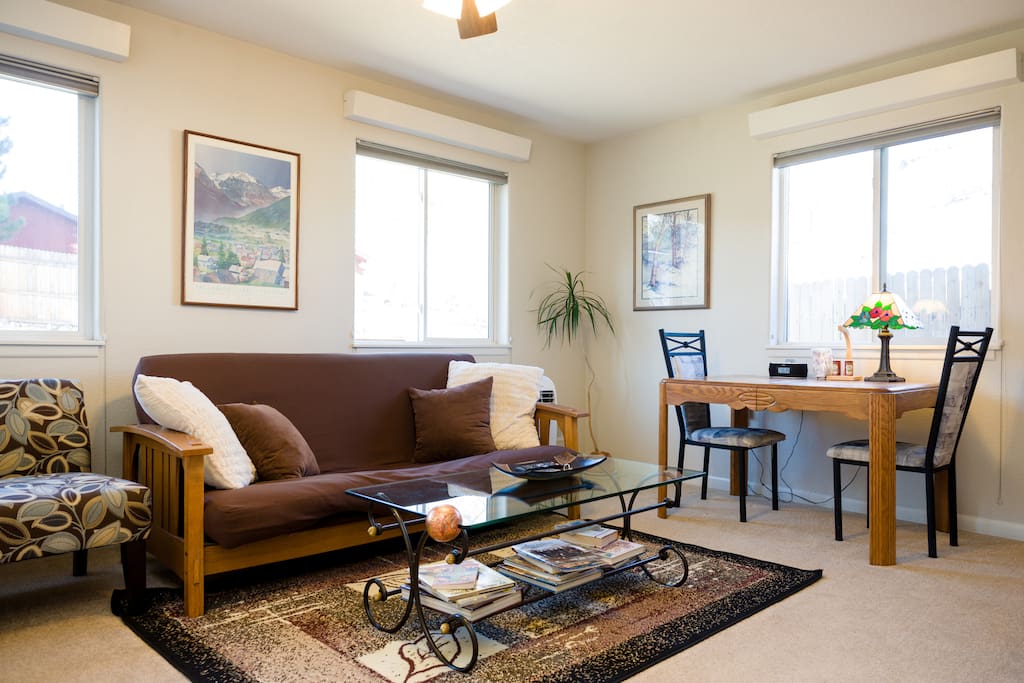 Full sized futon. Comfortable room with lots of light.