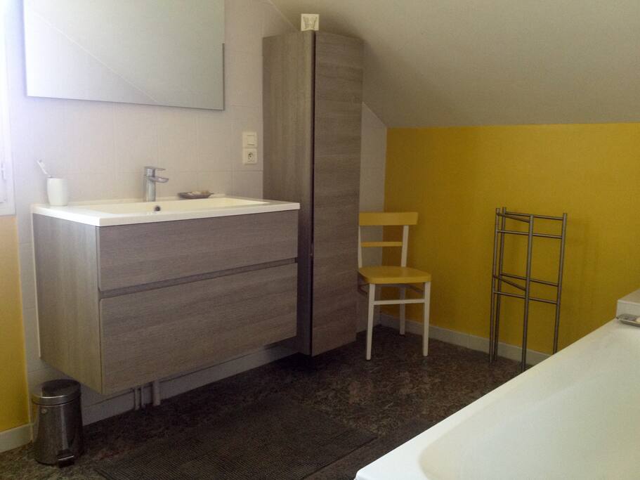 Salle de bain, baignoire, rangement.